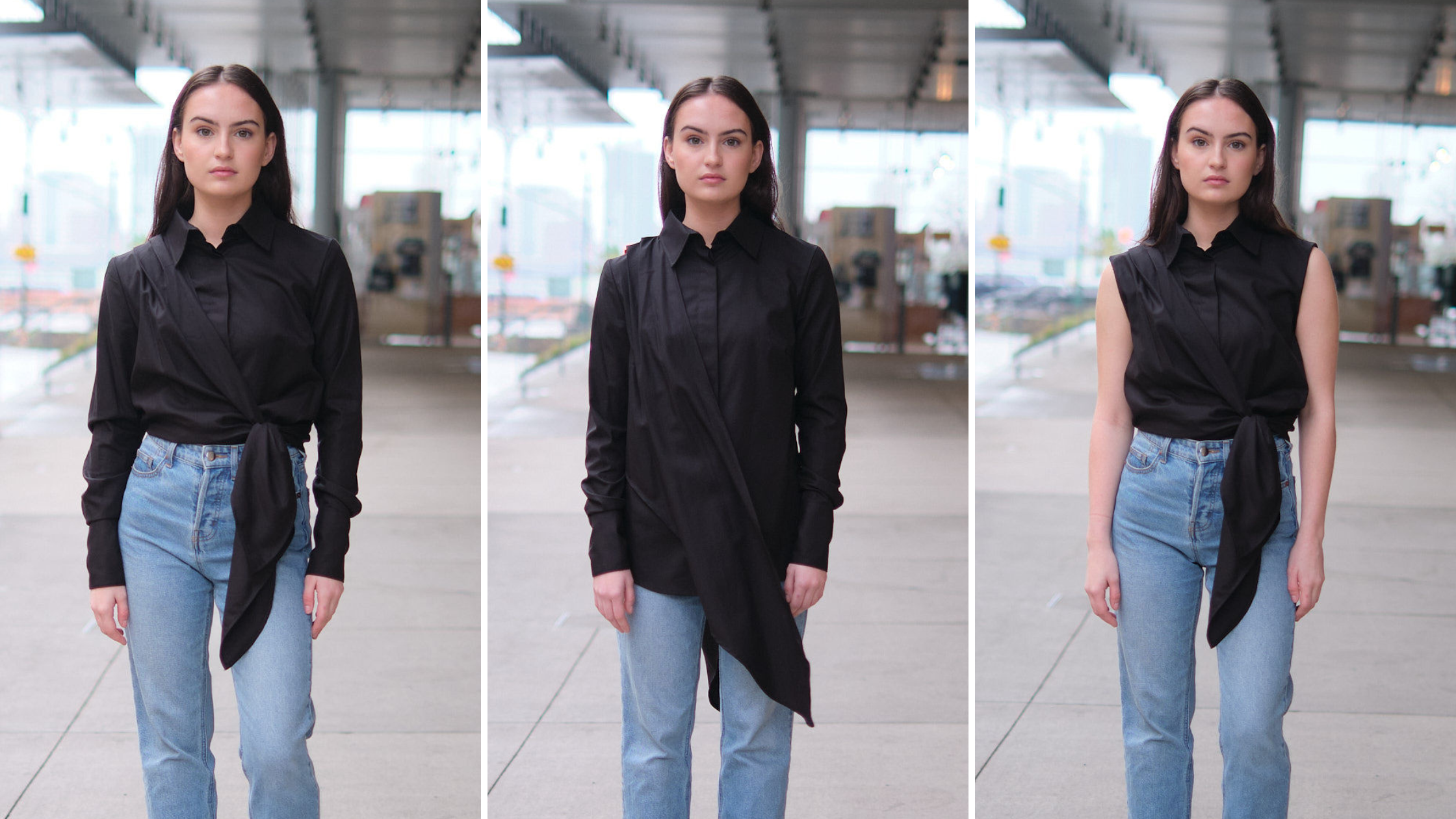 A three picture frame of a woman wearing blue jeans and a black button-up shirt worn in three different ways: 1) with long sleeves tied at the waist, 2) with long sleeves relaxed style, and 3) with the sleeves removed tied at the waist.