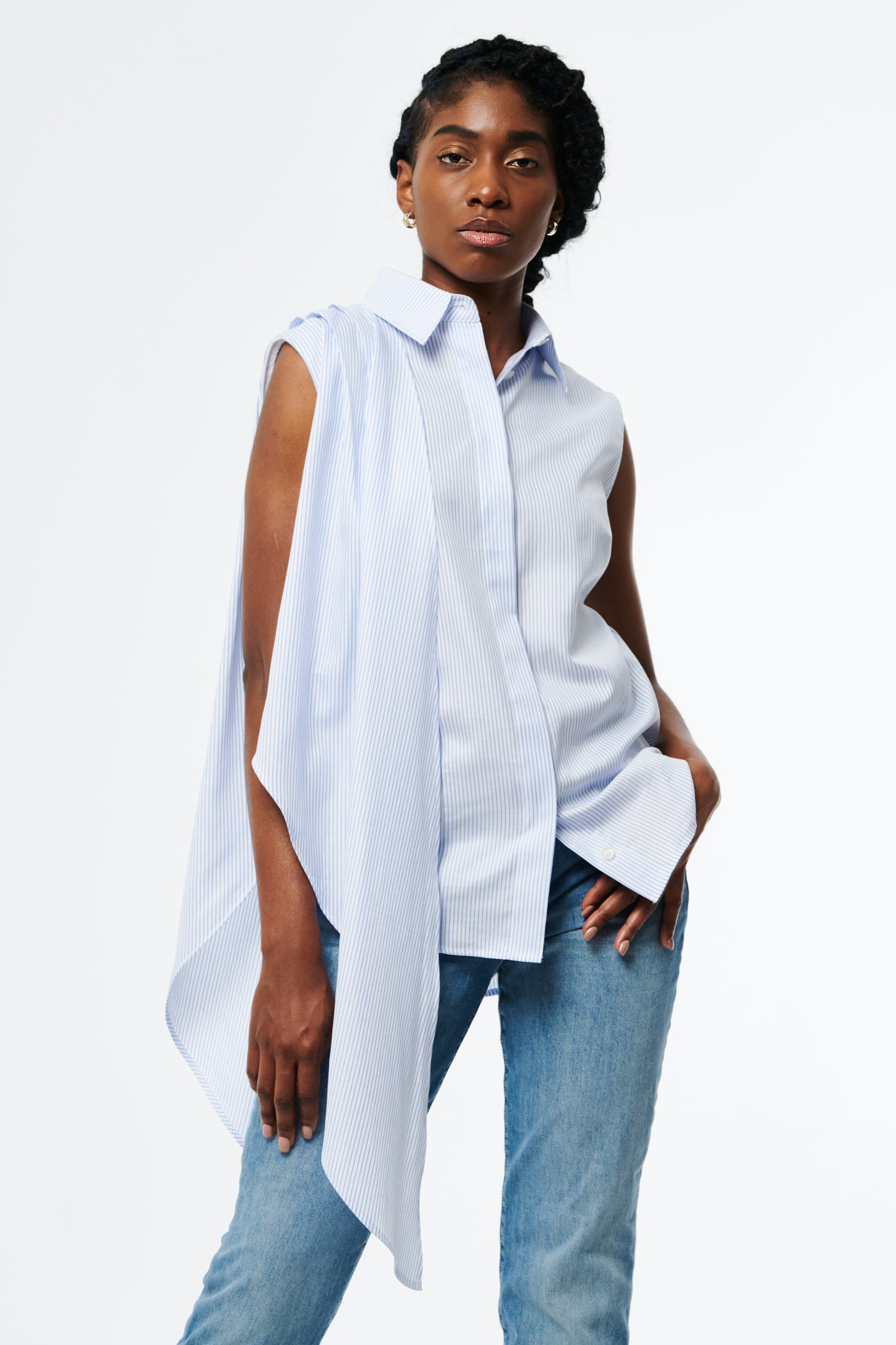 CAMISA Button-Down Shirt with Removable Sleeves | Striped Blue
